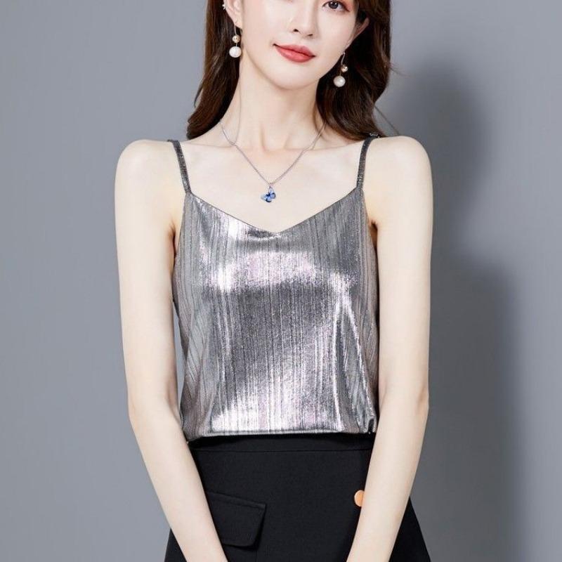 

Весна и лето Новые блестящие внутри, наружные однотонные ярко-золотые простые модные универсальные тонкие яркие шелковые подтяжки 2XL серебряный