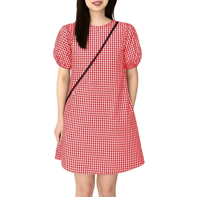 

ZANZEA Women Casual Round Neck Grid Print Summer Short Sleeve Dress 5XL червоний