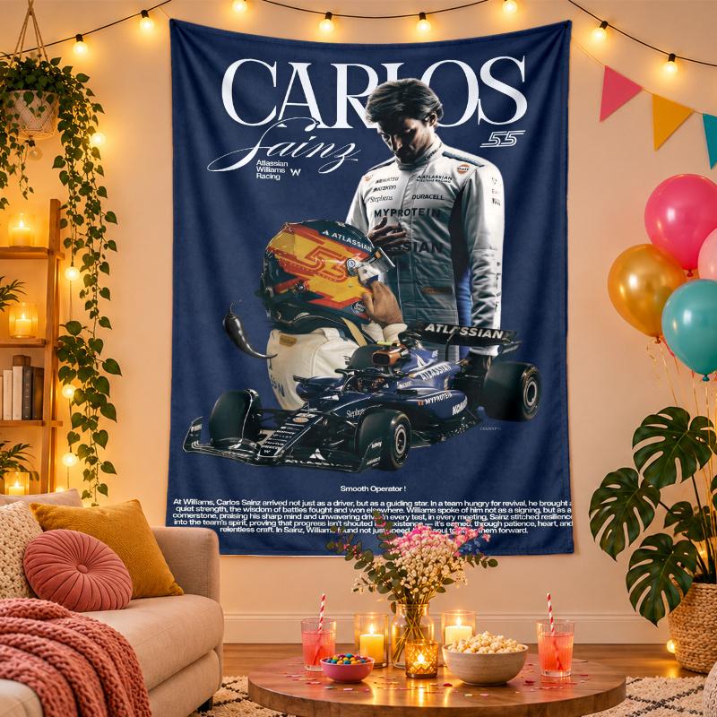 Polyester Wall Tapestry with Carlos Sainz Design, Decorative Hanging for Bedroom Living Room Dorm