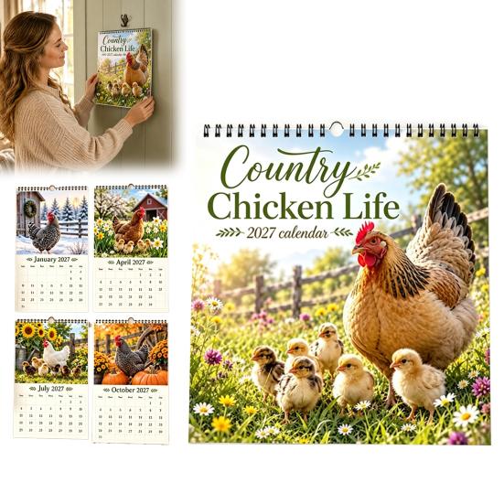 Farm Life Theme Calendar 2027 Country Chicken Wall Calendar, 12-Month Planner with Spiral Hens Chicks Binding, Thick Paper Academic Year for