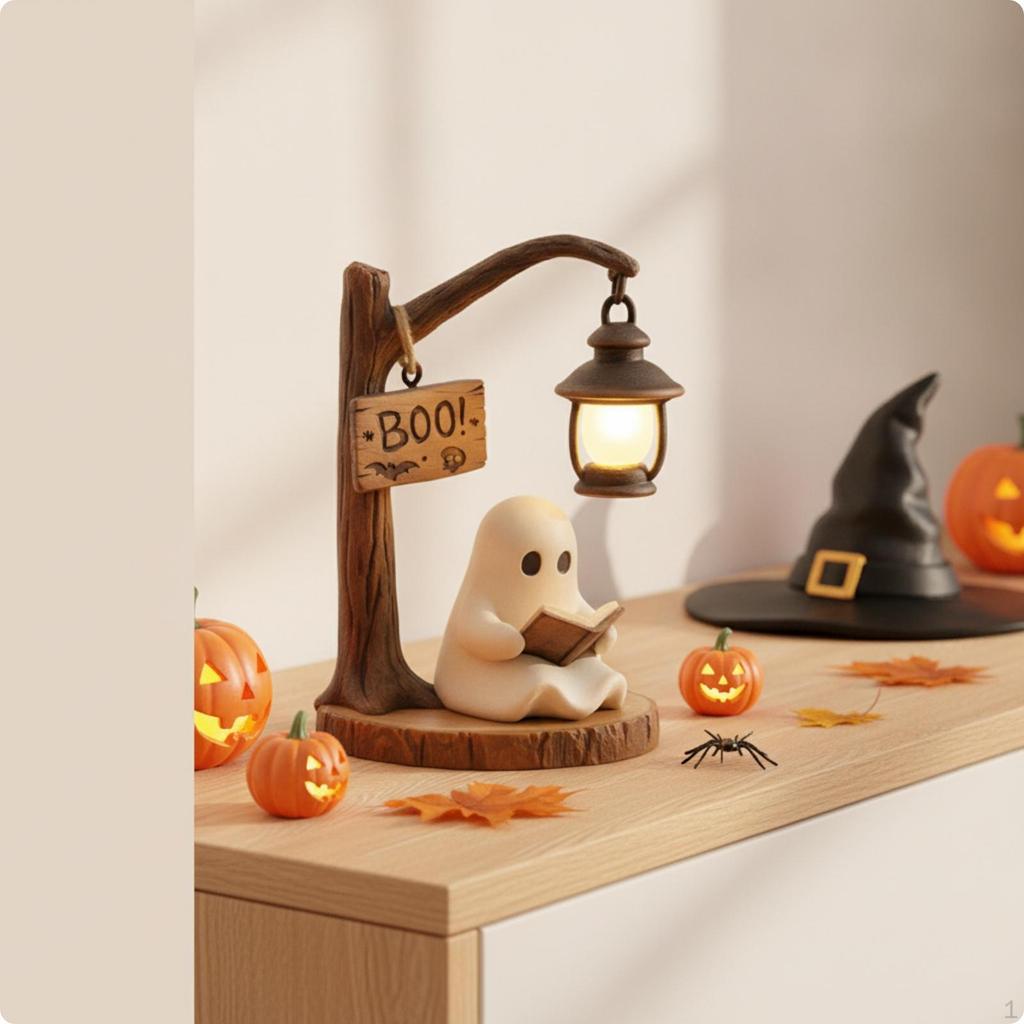 Specter Figurine with Lantern Whimsical Night Light SpookyCute Halloween for Book Lovers,