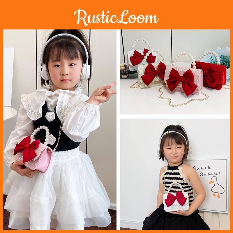 Pu Bow Girl Crossbody Bag Wallet Cute Children Shoulder Bag With Pearl Handheld