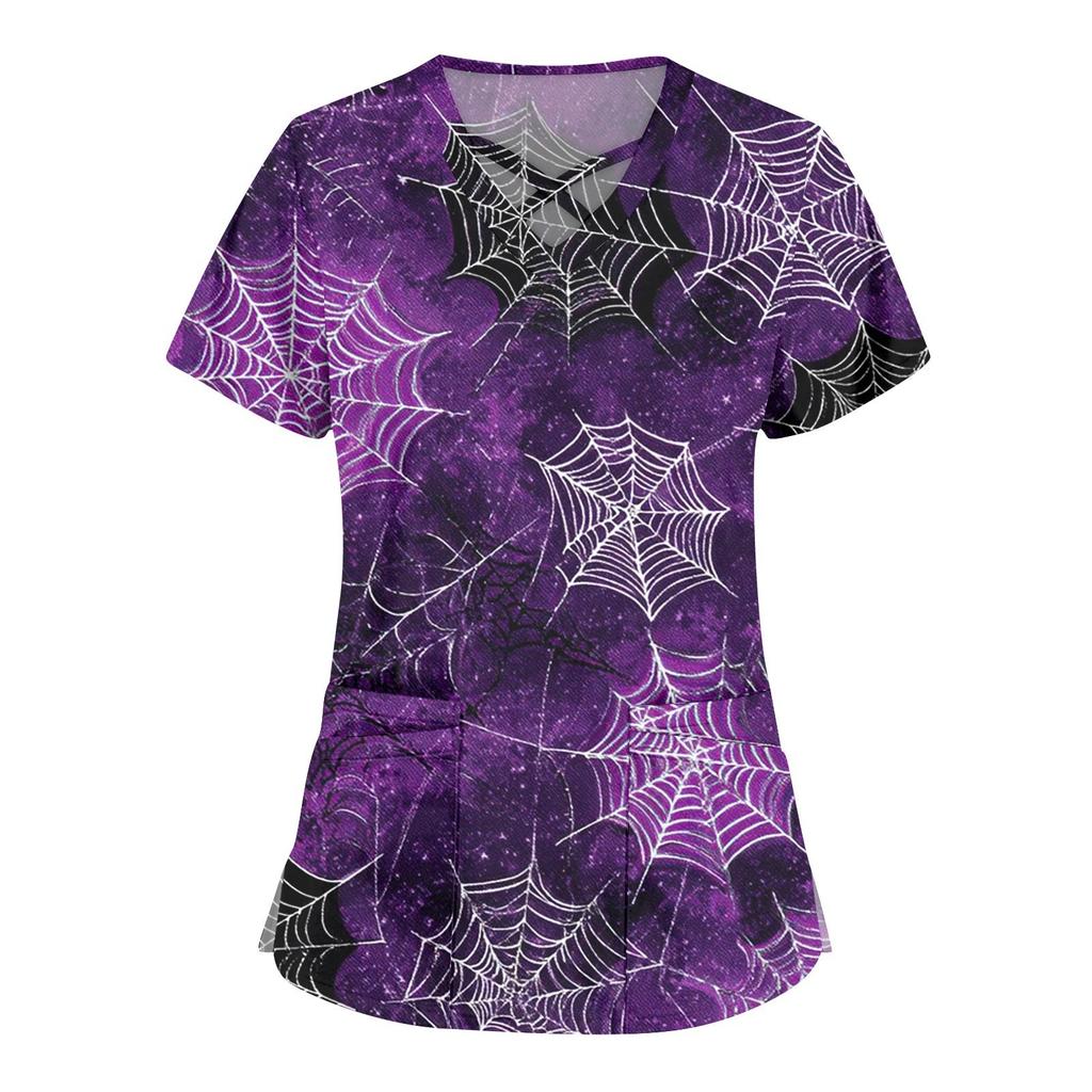 Women's Fashion Cross V Neck Short Sleeve Overalls Double Pockets Halloween Printed Tops Uniforms