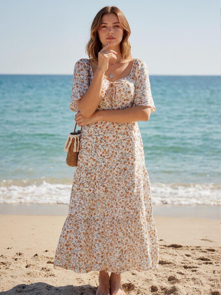 Boho Strand Lässig U-Ausschnitt Kurzarm Damenkleid (2026)