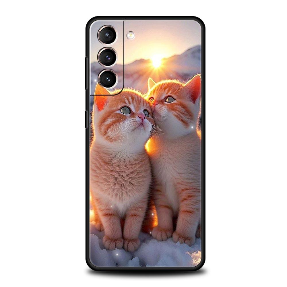 Kiss Cat Cute Kitten Phone Case For Samsung Galaxy S25 S24 S23 FE S22 Ultra S20 S21 5G S10 Plus S10E Soft Black Cover