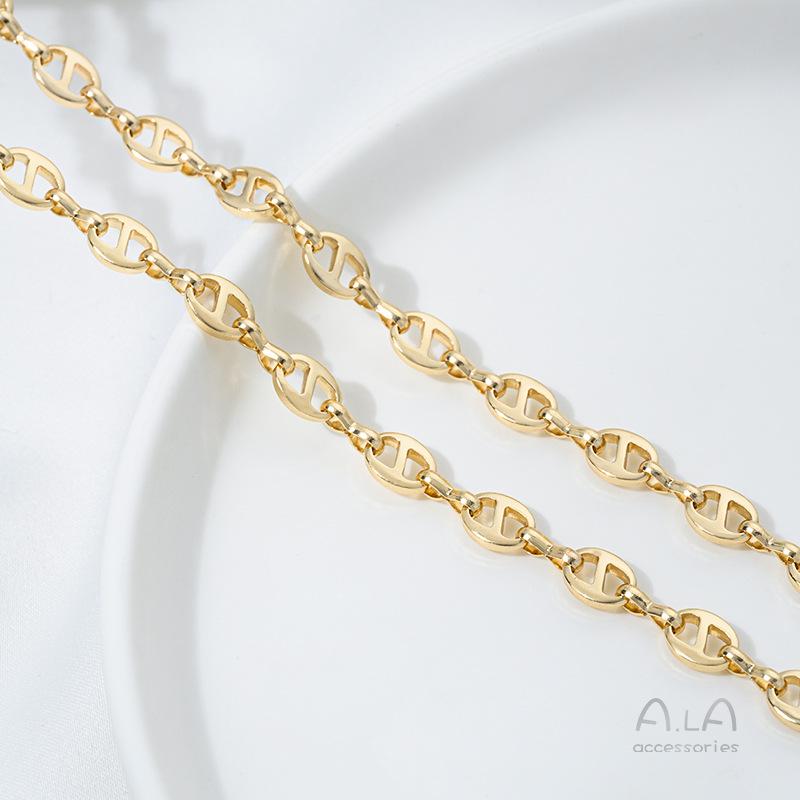 

Цепочка Фигаро из корейской меди с 14-каратным золотым наполнением, с сохранением цвета, в европейском и американском стиле, дизайн «свиной пятачок», ручная работа, цепочка для браслета для DIY.