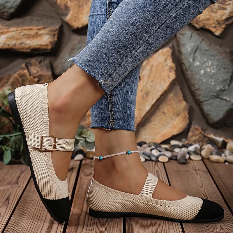 Fashion Women's Lightweight Knit Flats Fashion Mix Color Flat with Mary Jane Shoes for Women Square Toe Comfort Soft Sole Casual Shoes