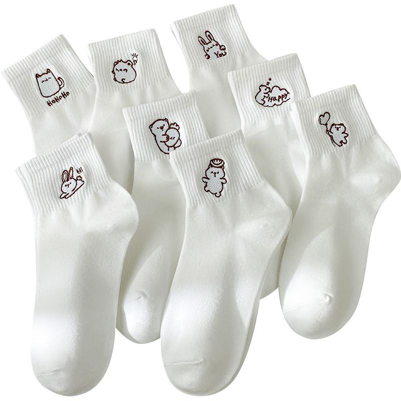 Women's Spring & Autumn Cotton Mid-Tube Socks - Japanese Style with Cute Cartoon Bunny Embroidery