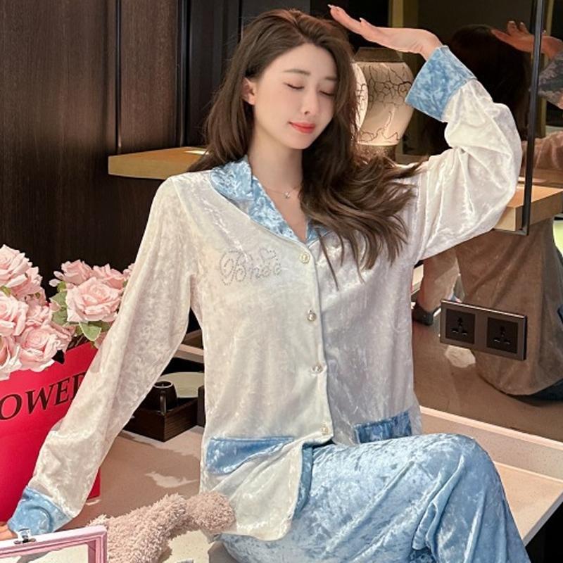 

Женский пижамный комплект из бархата, домашняя одежда с длинным рукавом, стиль принцессы, комплект из 2 предметов, пижама, сексуальная пижама с кружевным воротником XL синий