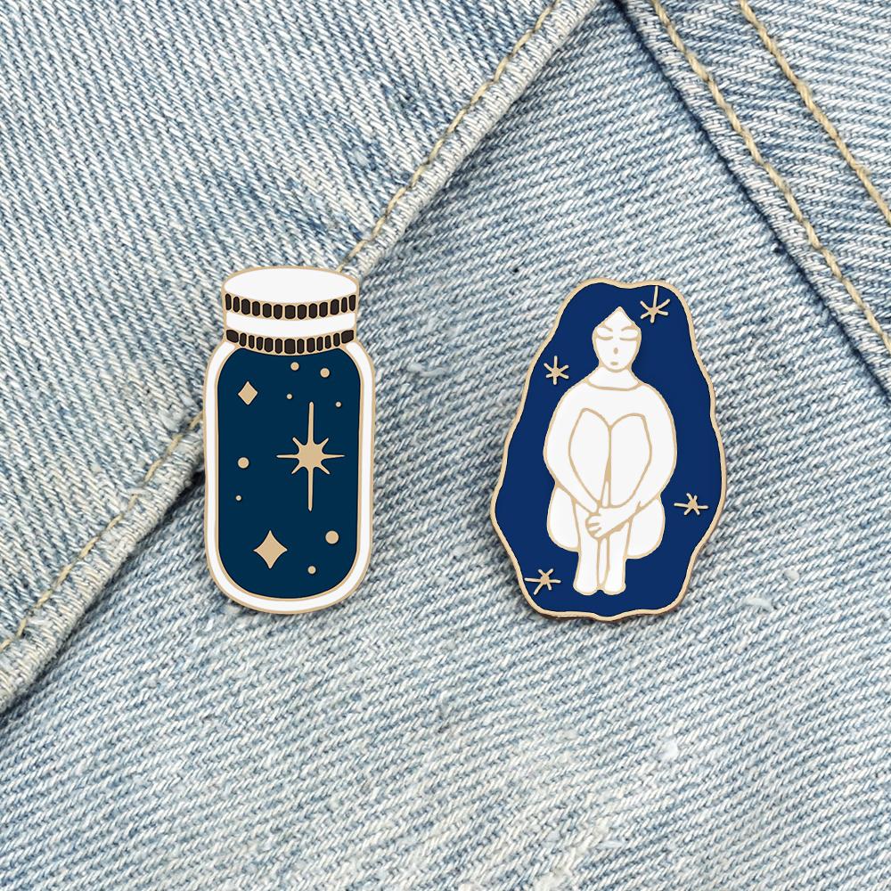 Creative Cartoon Enamel Pins Elegant Girl Blue Wishing Bottle Brooches Jewelry Long Haired Beauty Star Sky Bag Lapel Badge Gift