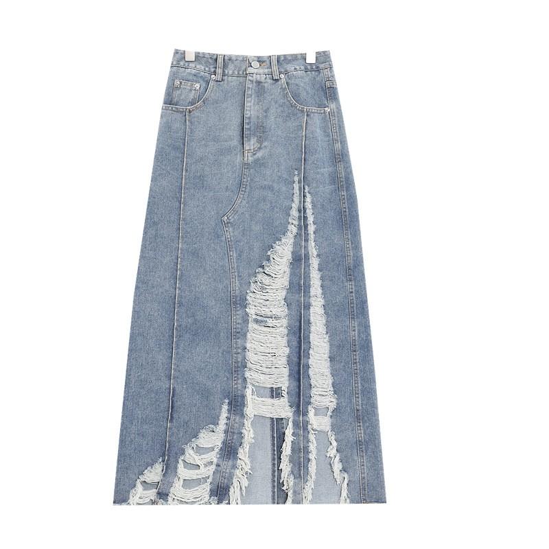 Womens Vintage Denim Midi Skirt With Raw Hem Distressed Detail Boho Street Style Cotton Blend Long