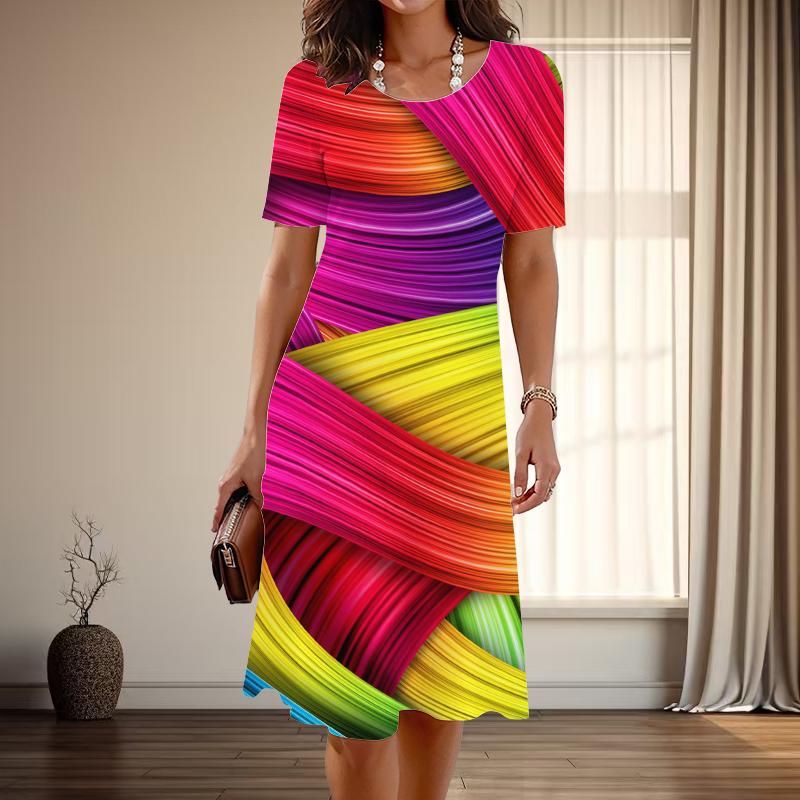 Women's Fashion Graceful Colorful Patterns Print Summer Spring Short Sleeve O-Neck Casual Dresses
