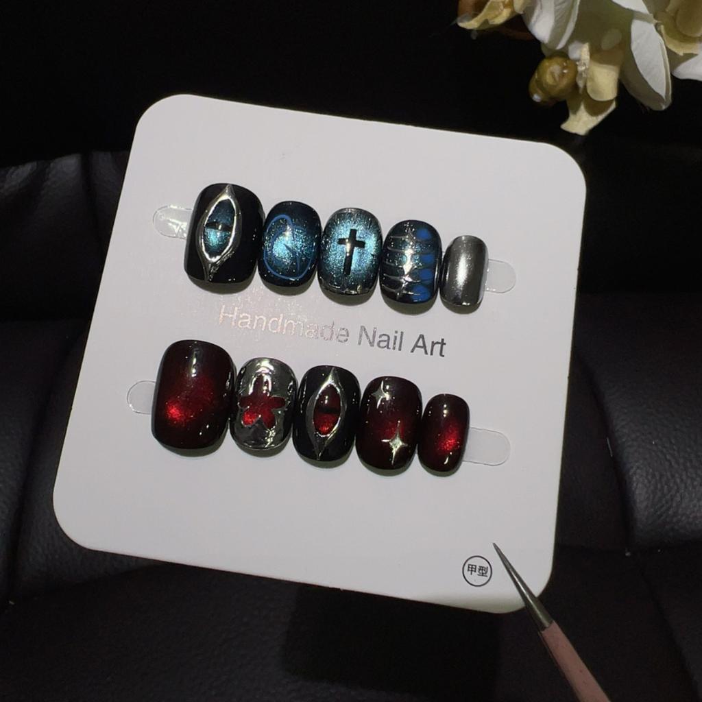 10Pcs Green Cat Eye Handmade Press On Nails Short Simple Fake Nails Artificial Nail Tips