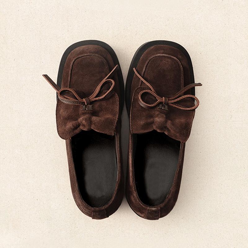 

Версия из коровьей кожи~ Лоферы с квадратным носком и бантом женские 2025 ретро замшевые туфли из маленькой кожи в британском студенческом стиле, одинарные туфли 40 коричневый