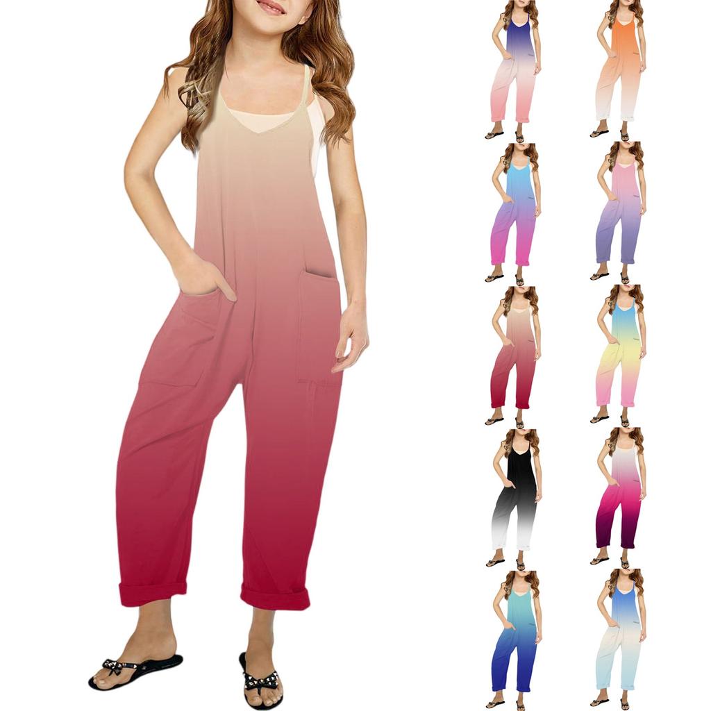 Girls' Summer Sleeveless Jumpsuit - Thin Strap Wide Leg Pants With Pockets
