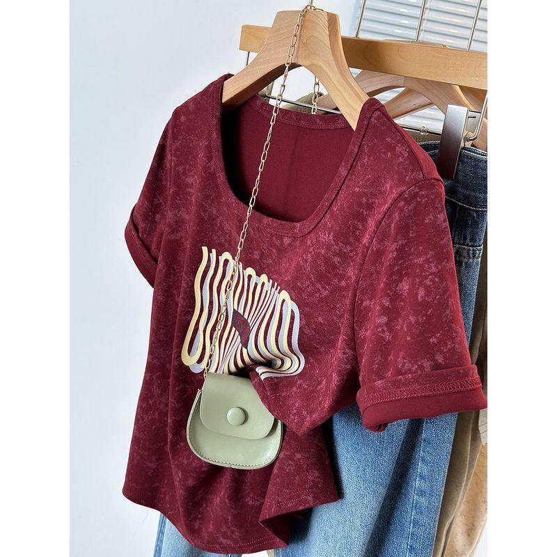 

Tie-Dyed Print Women s Summer U-Neck Arc Short-Sleeved T-shirt Vibrant Red 3XL [Recommended 75-85kg]