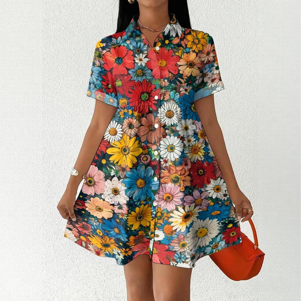 Women's Casual Loose Fit Shirt Dress Button Front Short Sleeve Collared Dress A-Line Hem Summer Dress