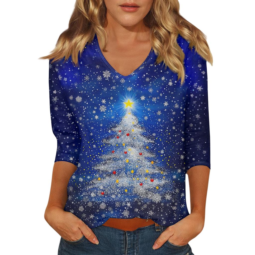 Women's Casual Fashionable Sexy Comfortable V-Neck Christmas Three-Quarter Sleeve Top