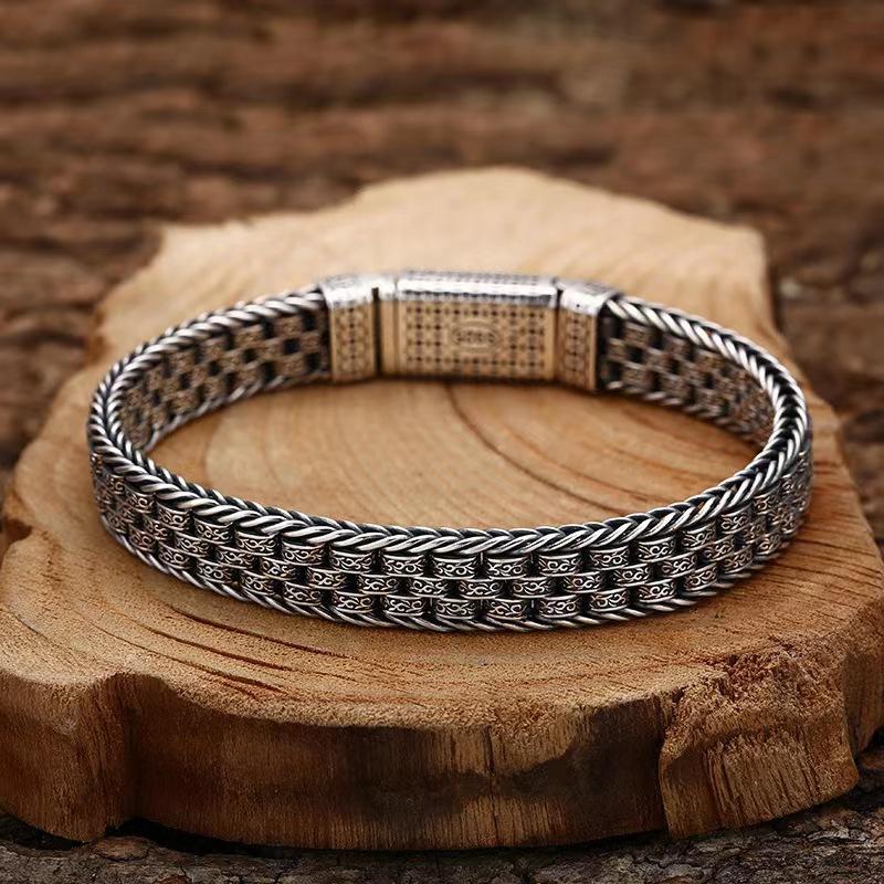 Papas Herrenarmband für Reichtum und Wohlstand, Gewebtes Tang-Gras-Muster, Dicker Stil, Trendy für Herren, Imitation Thailändisches Silber, Retro, Mächtig und Alt
