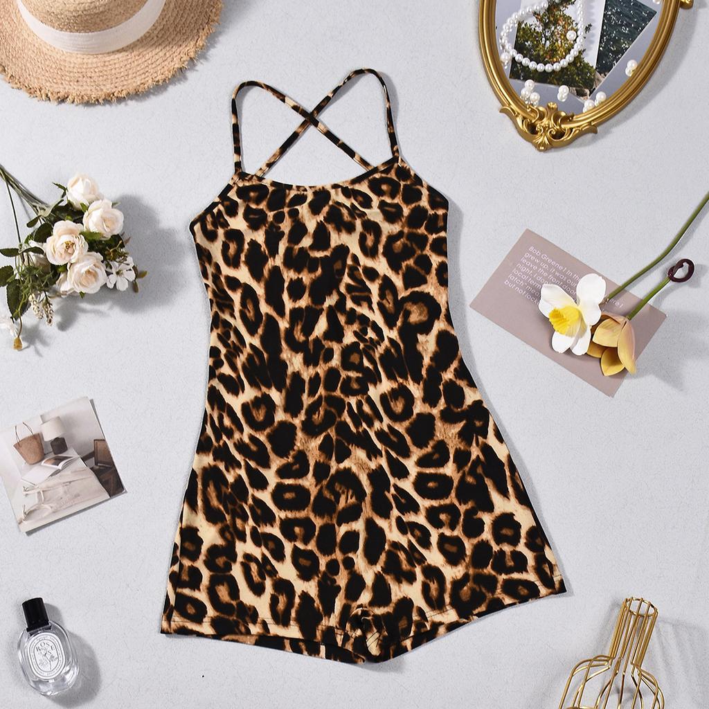 60628 European And American Spice Girls Women'S Knitted Elastic Skinny Sexy Back Hollow Leopard Print Lace-Up Suspender Jumpsuit