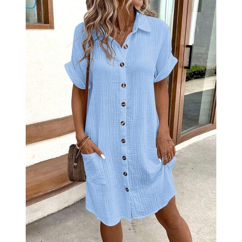 Western Style Fashion Casual Loose Short Sleeve Dress Single Breasted Short Dress Single Brewed Dress