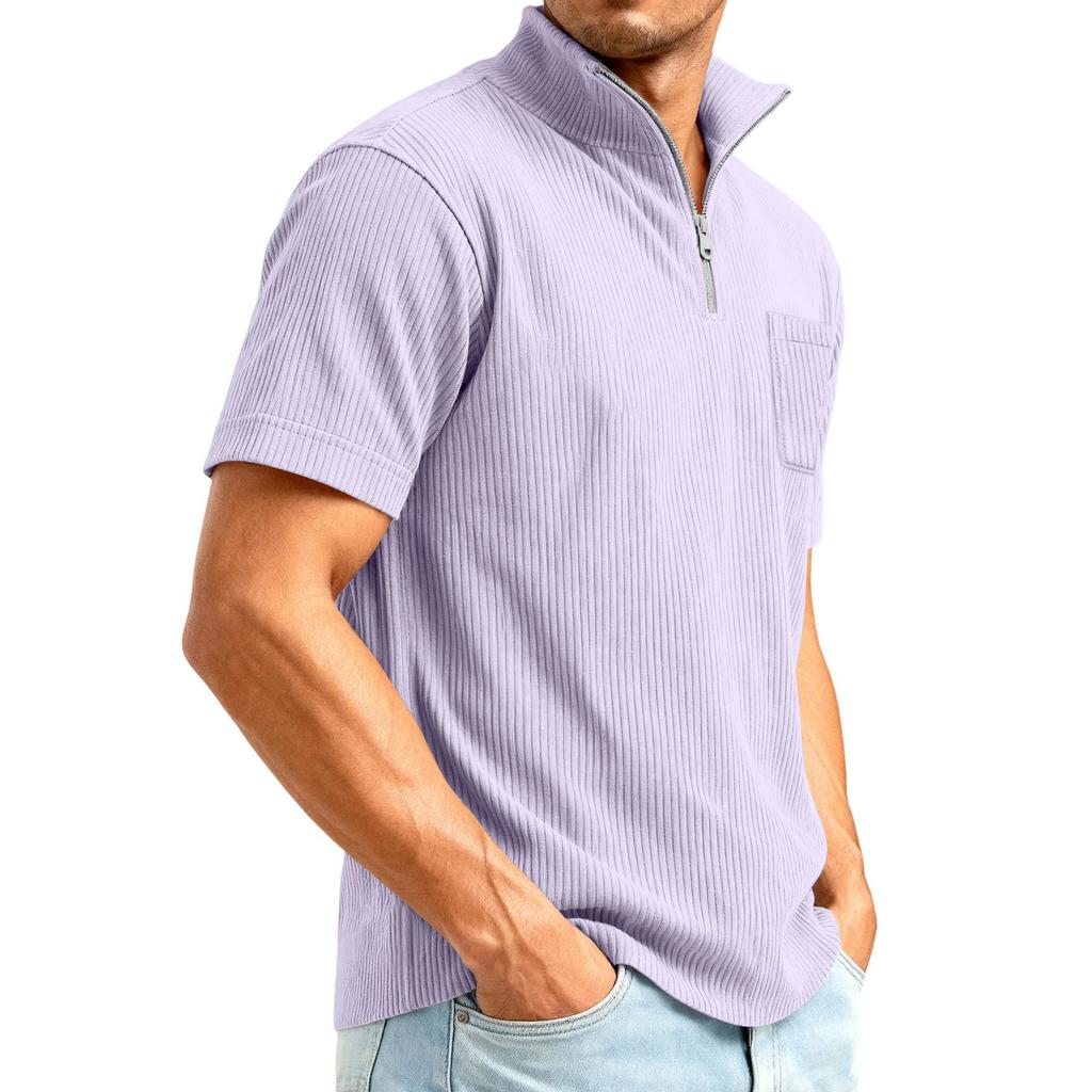 Men's 1/4 Zip Corduroy Short Sleeve Top | Loose Fit Fashion Casual Pullover For Daily Wear