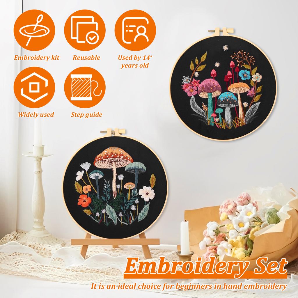 Mushroom Embroidery Kit 3 Cloth and Hoop Embroidery Kit with Pattern for Beginner Adult for DIY Handcraft Enthusiast