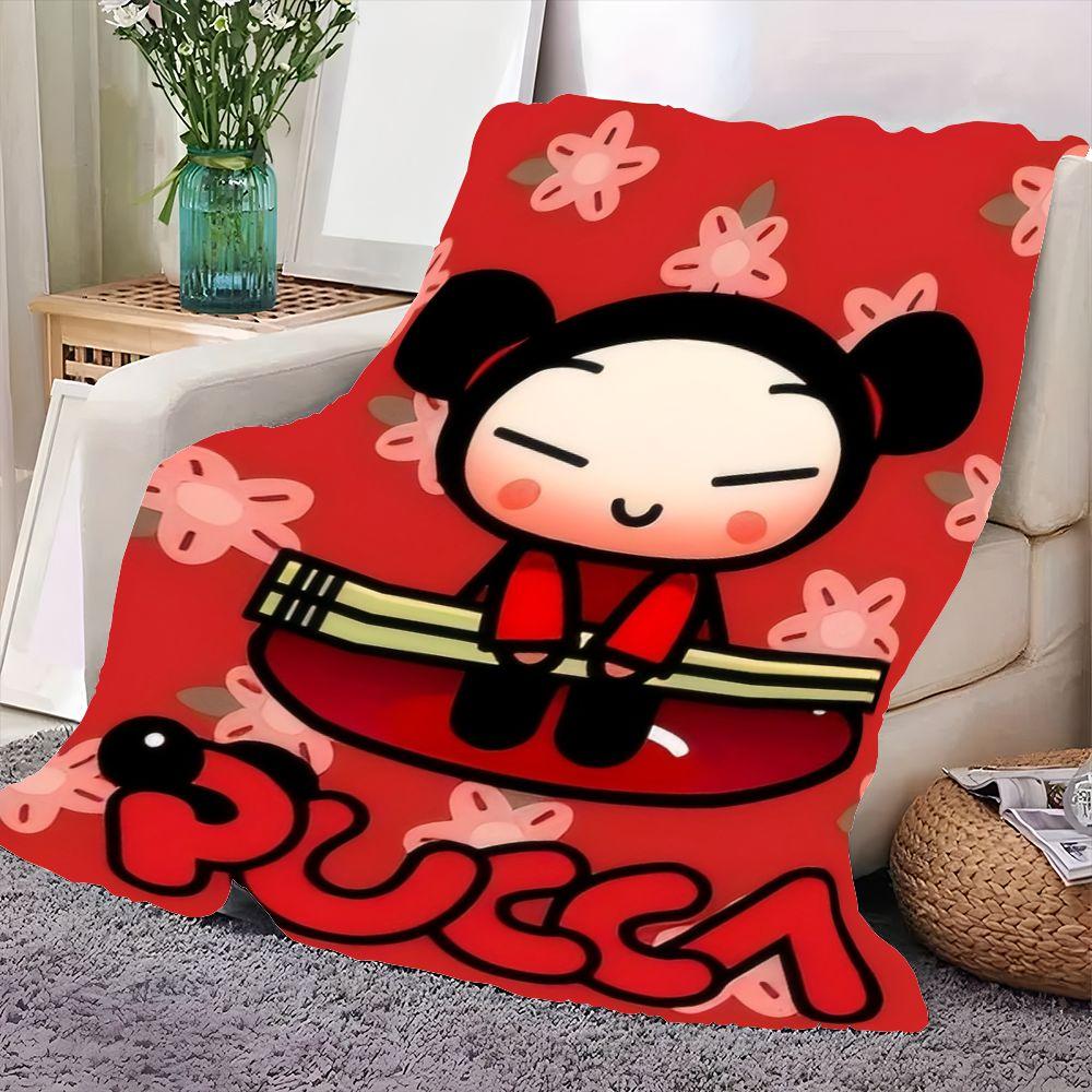 Cute Pucca Character Plush Blanket - Cozy Cartoon Style Throw Blanket with Whimsical Red Background and Pink Flower Accents, Ide