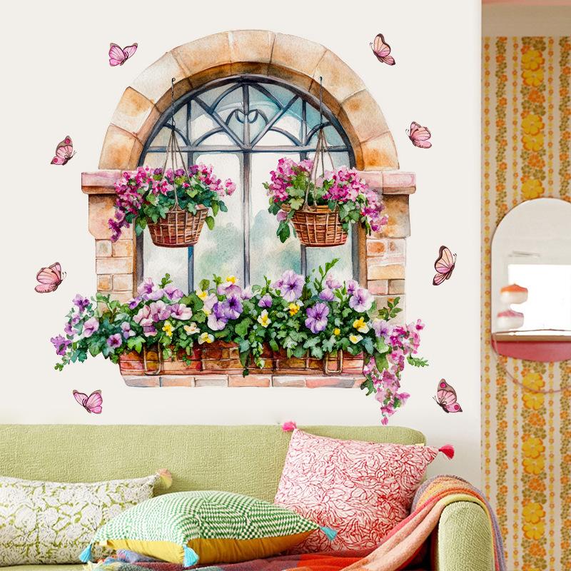 3D Fake Window Wall Sticker Self Adhesive Window Sill Flower Butterfly Decal for Living Room Bedroom Decoration Home Decor