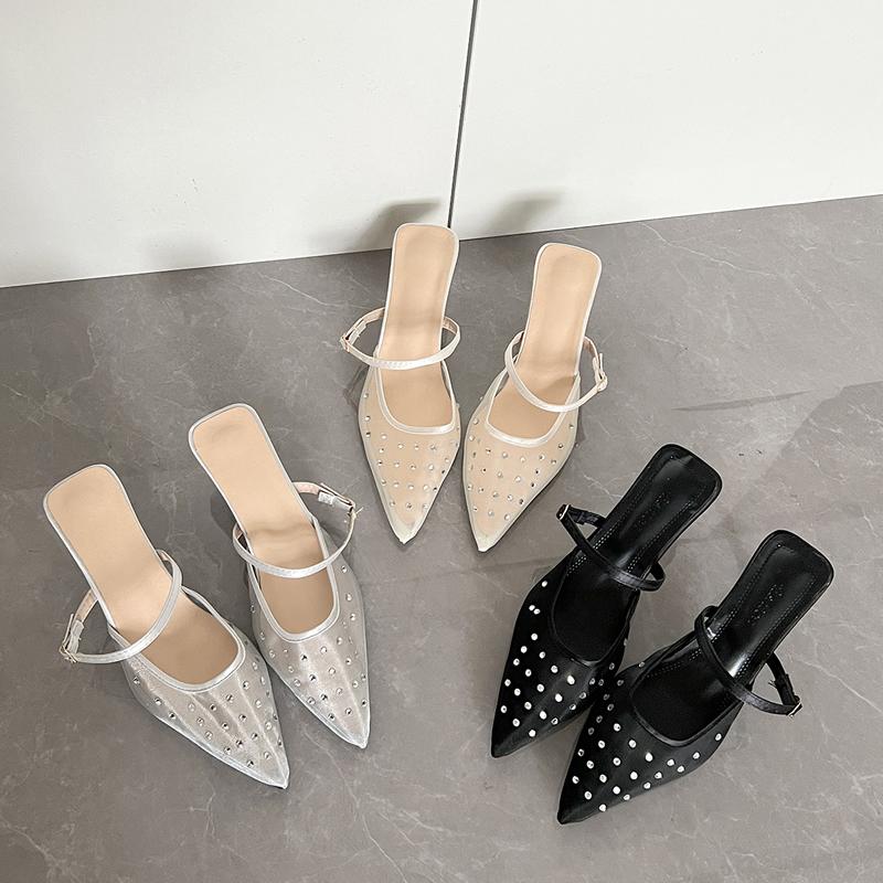 Crystal Women Slippers Heeled Sandals Pointed Toe Mesh Mules Shoes Woman 2025 Trend Summer Elegant Pumps Dress Slides Plus Size