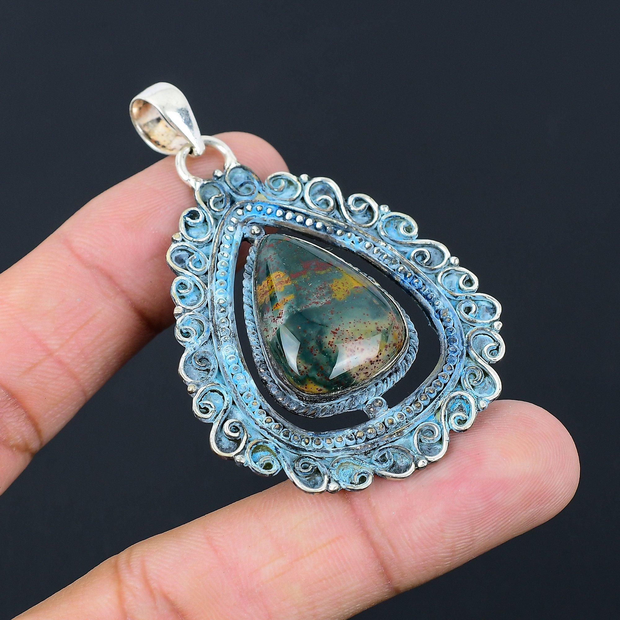 Sterling Silver Pear Bloodstone Stone Wife Birthday Engagement Pendant Jewelry