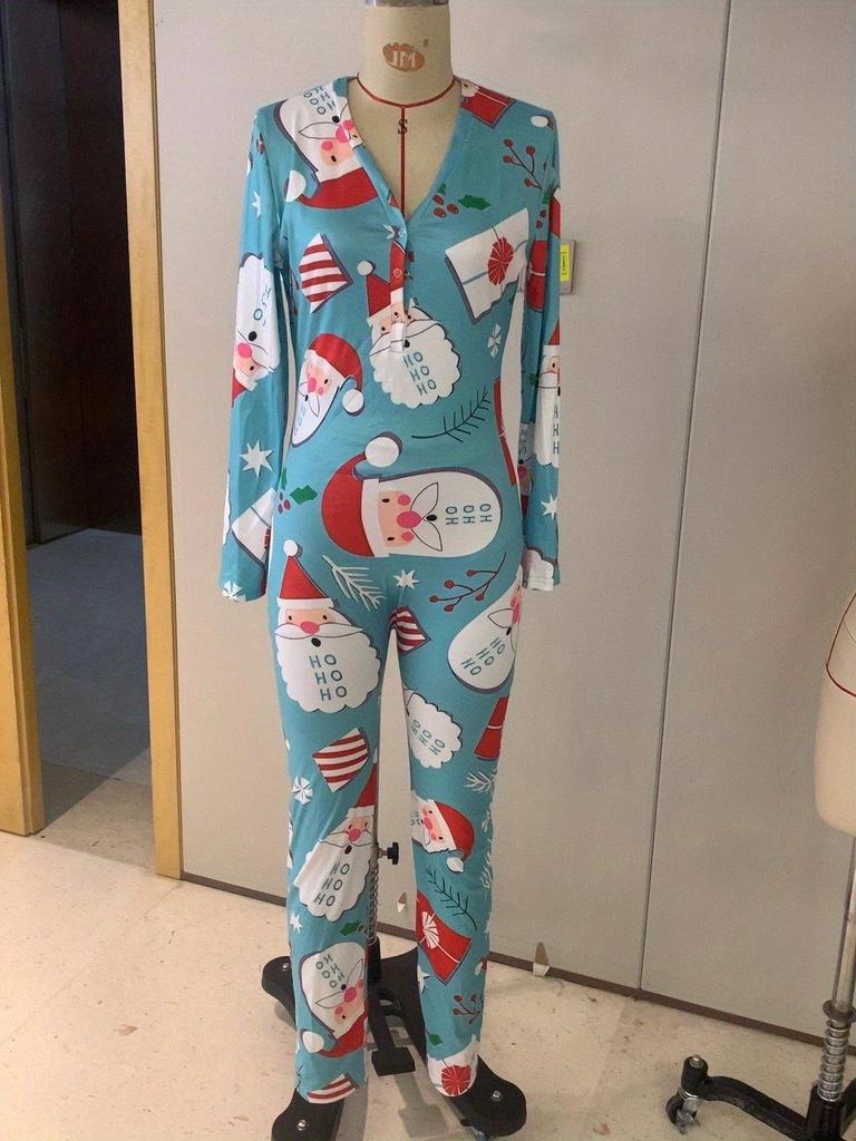 2023 Europäischer & Amerikanischer Weihnachten Langarm Knopfleiste Bedruckter Erwachsenen Jumpsuit