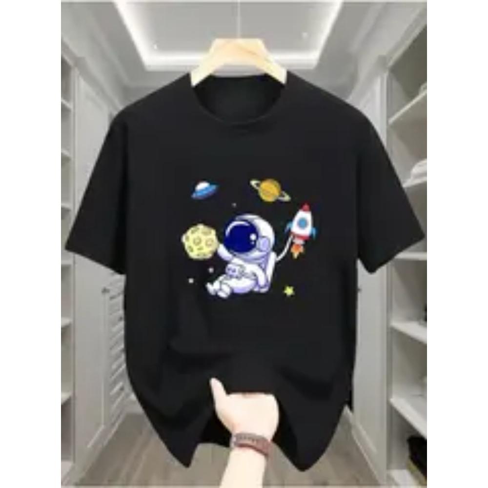 Men's Casual Cotton T-Shirt with Astronaut and Planets Print Short Sleeve Crew Neck Comfortable Sportswear Top