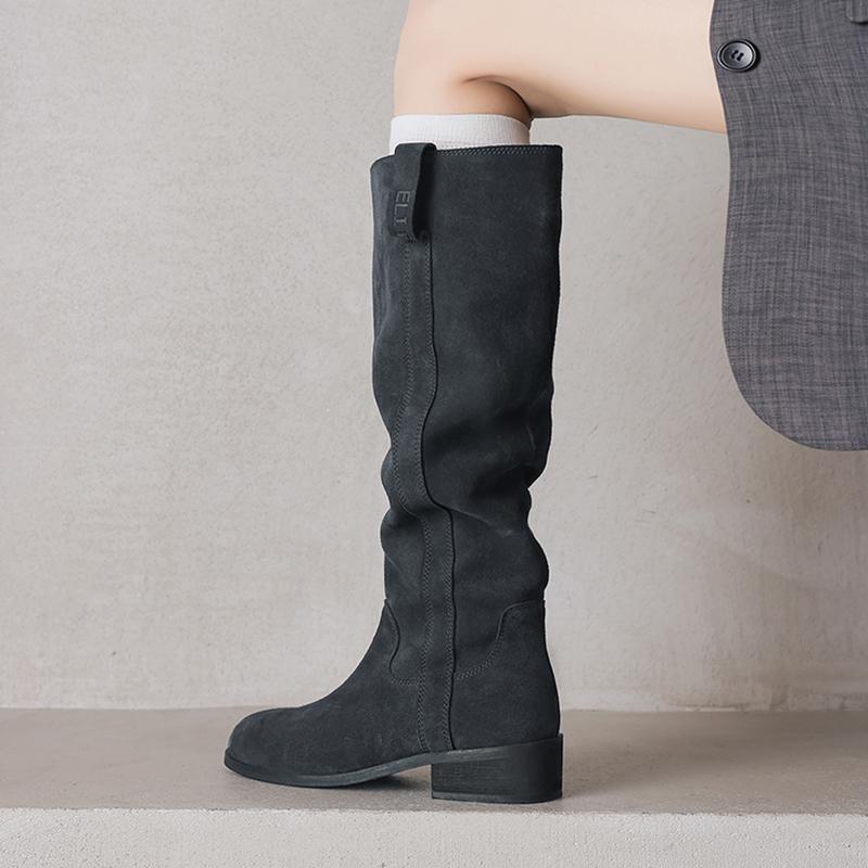 Fashion 2025 Autumn Women Boots Cow Suede Leather Women Shoes round Toe Slip-on Knee High Boots Western Modern Ladies Boots