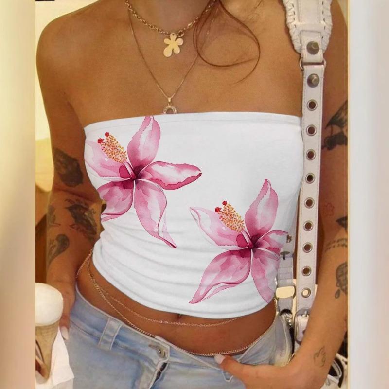 Mode Ärmelloses Bedrucktes Sommer Schlauchtop Lässig Elegant Figurbetontes Kurzes T-Shirt Lässige Einfache Crop Tops Damen Streetwear Trägerloses Top Damenbekleidung