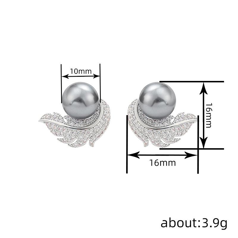 Women's stud earrings, feathered imitation pearl lady jewelry, micro-inlaid zircon round jewelry
