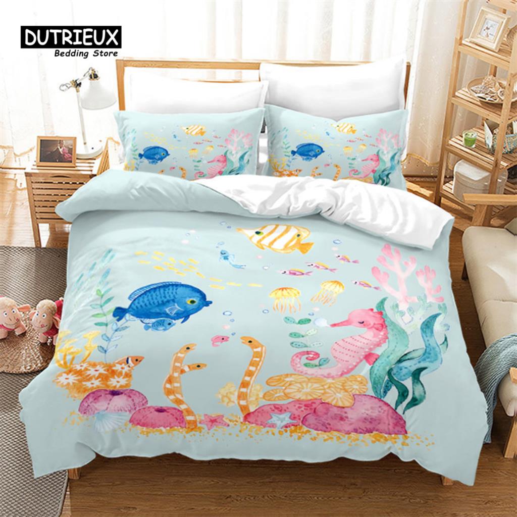 Seashell Starfish Duvet Cover Beach Theme Bedding Set Microfiber 3D Waves Comforter Cover For Kids Teens Girls Boys Room Decor