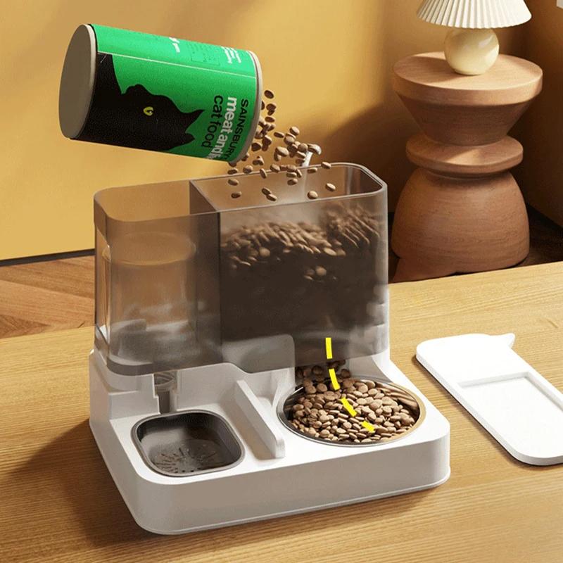 Transparent Cat Feeder Automatic Pet Feeding Bowl 2-in-1 Cat Water Dispenser Combination Grain Storage Bucket for Cats Puppies