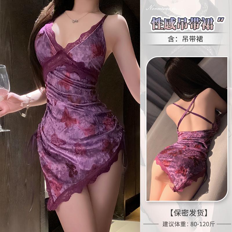 Sex underwear deep V suspender lace suspender nightdress waist drawstring hip wrap nightclub velvet skirt temptation suit