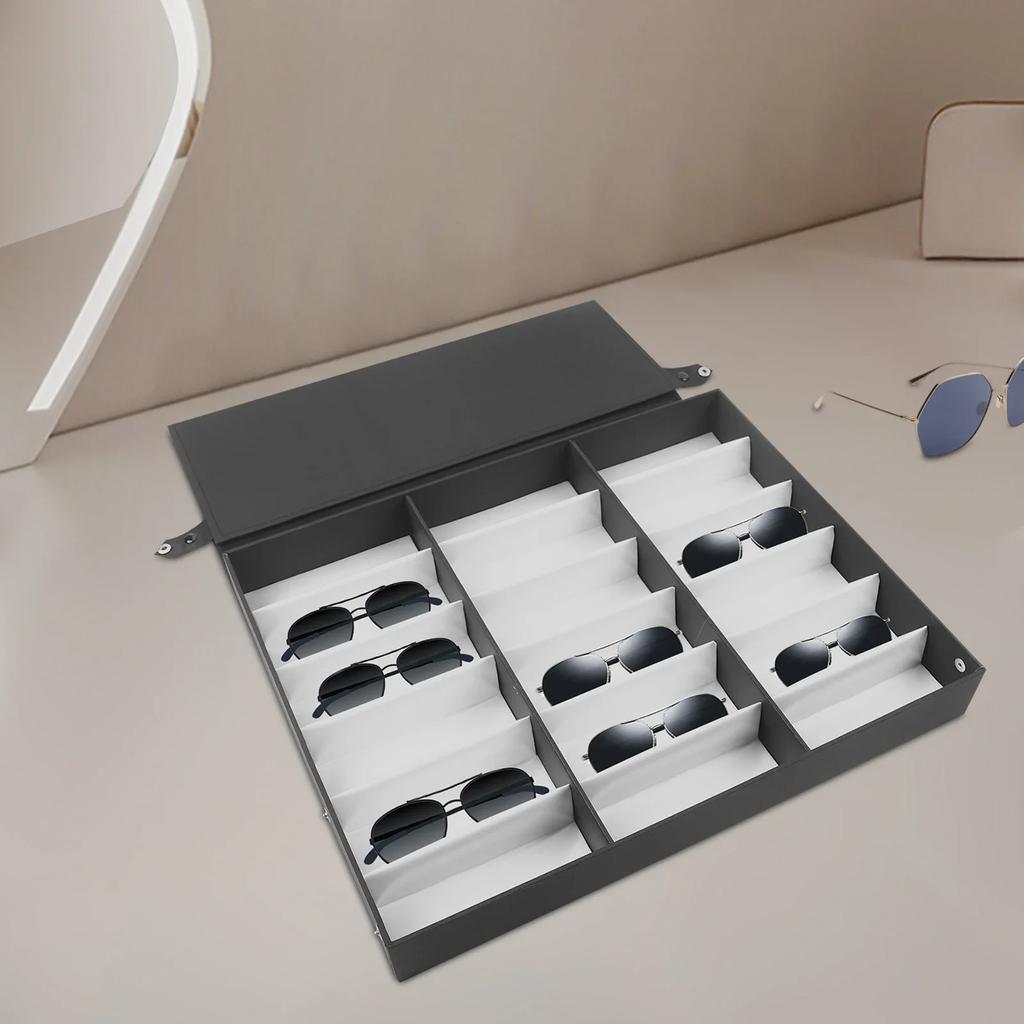 18-Slot Sunglasses Storage Display Box - Eyeglass Storage Case with Stand, Fabric Lining, Snap Closure -for Glasses and Jewelry