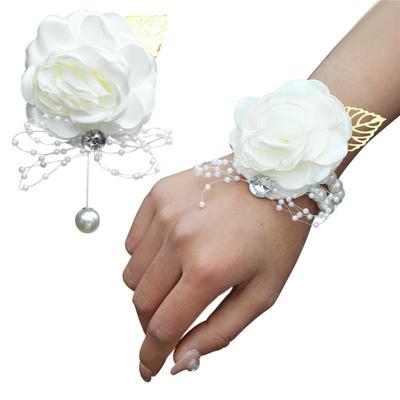 4pcs Wedding Bridal Wrist Corsage Men’s Boutonniere Handmade Satin Rose Bridesmaid Wrist Flower Corsage Flower Bridegroom Boutonniere Set