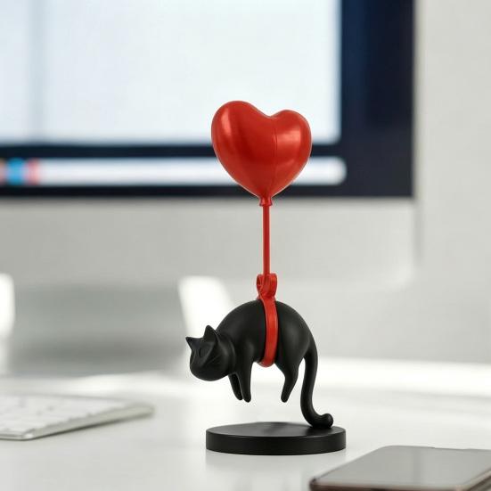 Floating Cat Heart Balloon Figurine 3D Printed Cute Black Cat Statue Romantic Desktop Ornament for Living Room Bedroom Bookshelf Nightstand Decor