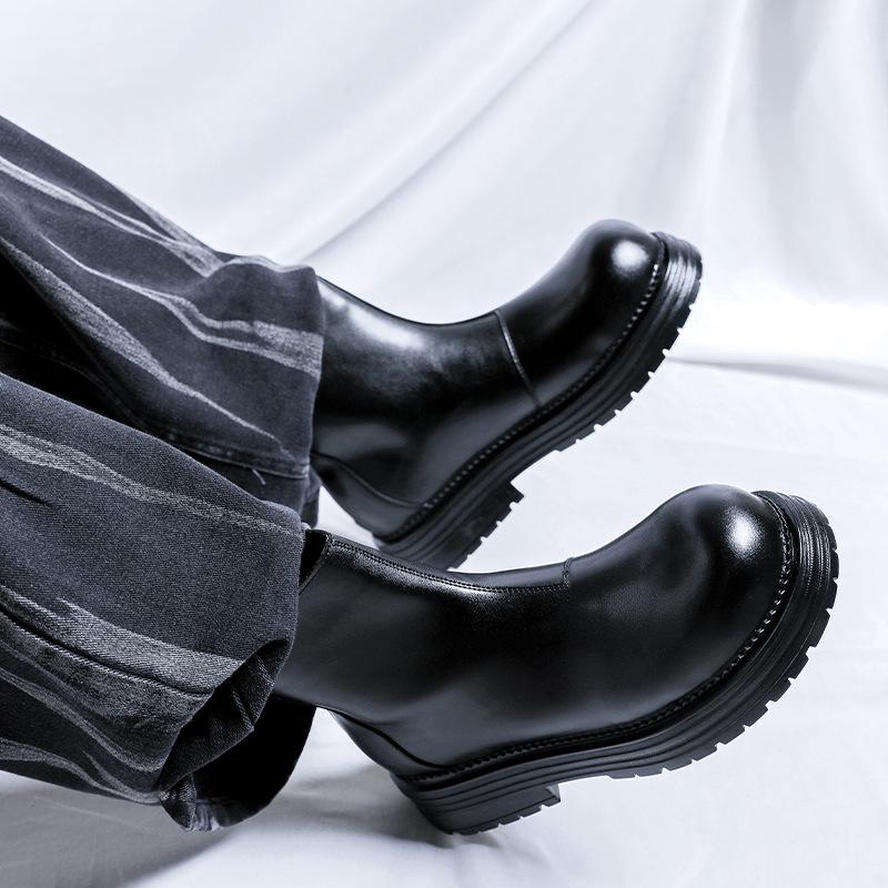 British Style Men Casual Party Nightclub High Chelsea Boots Natural Leather Shoes Cowboy Platform Boot Big Toe Motorcycle Botas