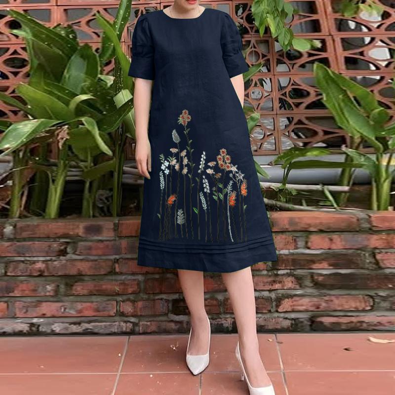 

ZANZEA Womens Embroidery Print Casual O-neck Short Sleeve Dress 3XL