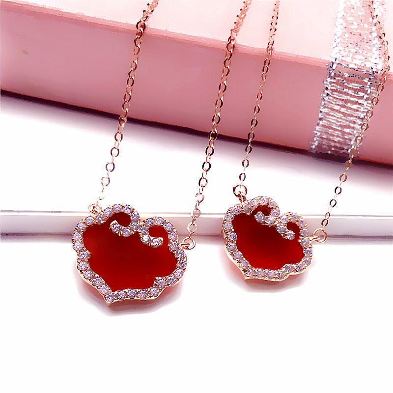 

Color Gold Retro Bright Diamond Red Stone Wishful Lock Necklace Plated Rose Gold Pure Purple Gold Light Luxury Set Chain