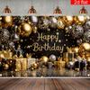 2D Black Gold Happy Birthday Backdrop, Balloon & Gift Party Background