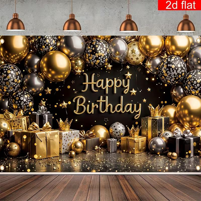2D Black Gold Happy Birthday Backdrop, Balloon & Gift Party Background