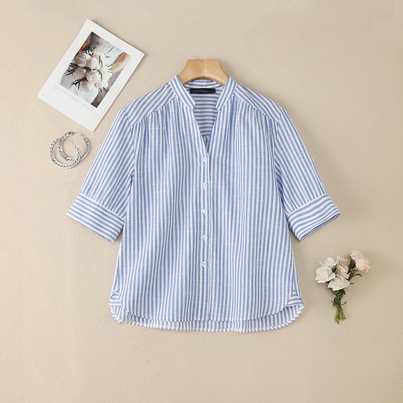 ZANZEA Women Casual V-Neck Half Sleeve Loose Stripe Blouse