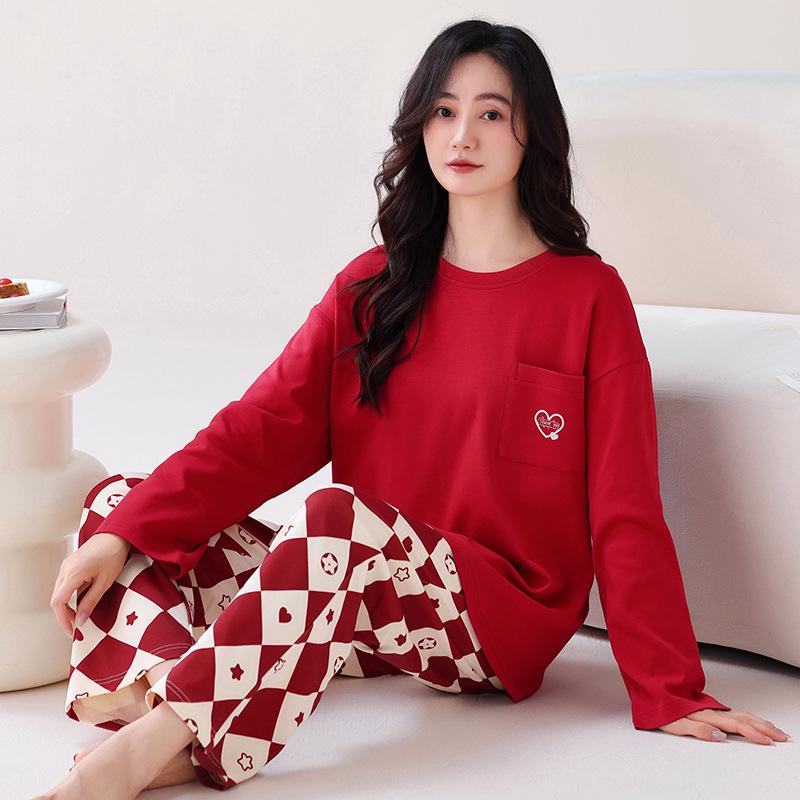100% Cotton Women's Red Pajamas - Spring/Fall Wedding Year of the Rat Long Sleeve Plus Size Set
