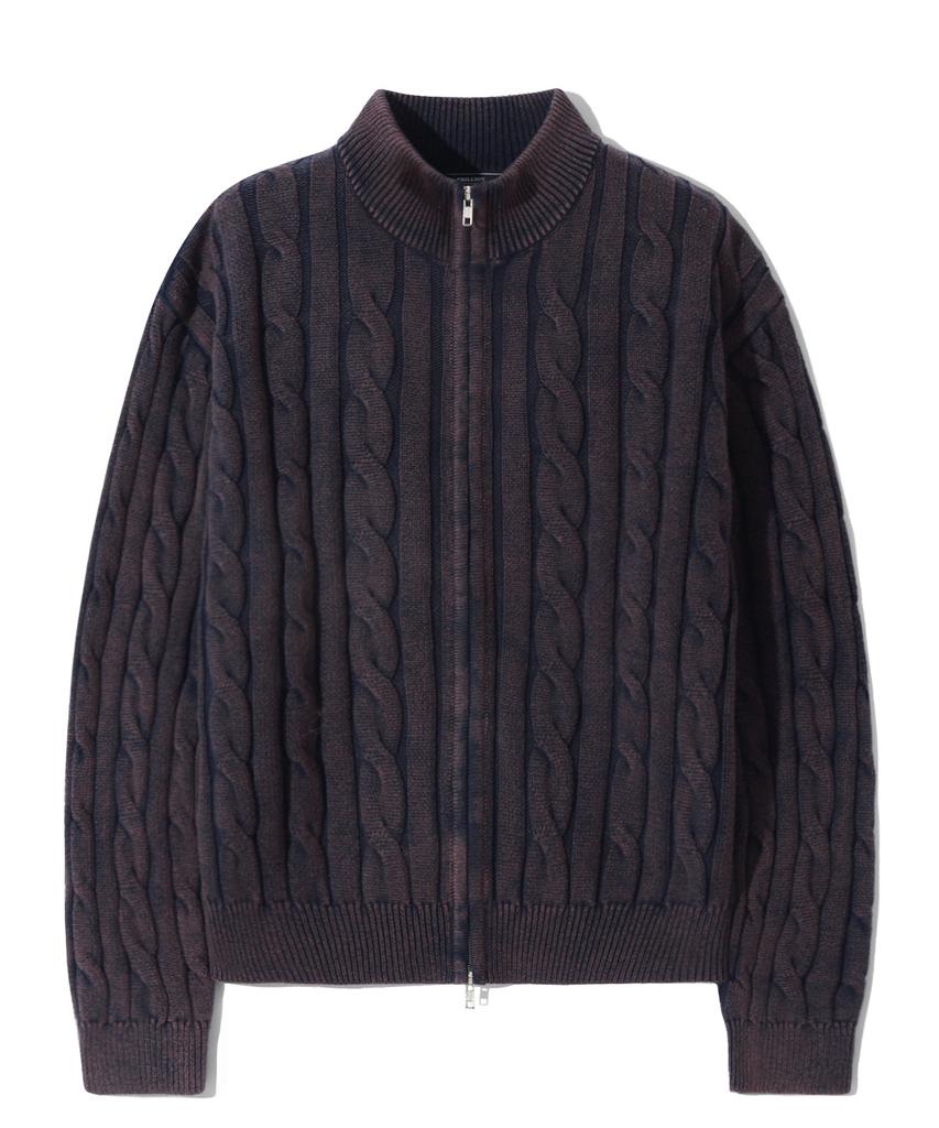 TRILLION Vintage Washed Cable 2-Way Zip-Up Knit (Plum Navy)